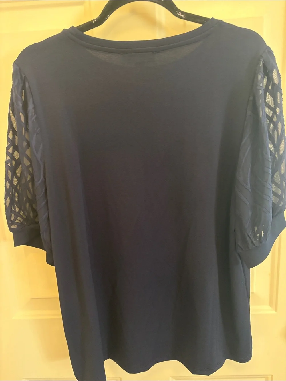 Cable & Gauge Navy Short Sleeve Top with Lattice Puff Sleeves - Picture 3 of 6
